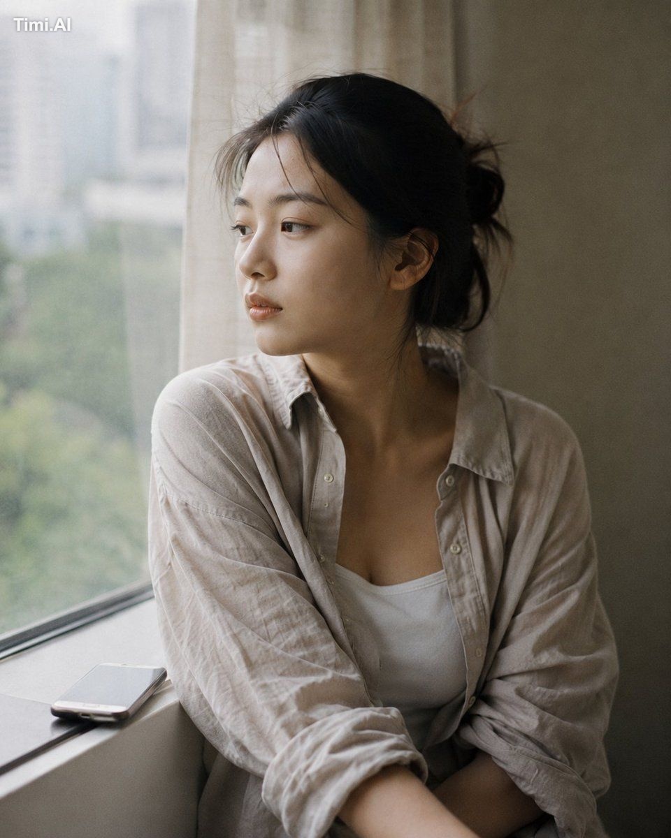 Medium close-up portrait, 85mm, a young East Asian woman in her early 2…