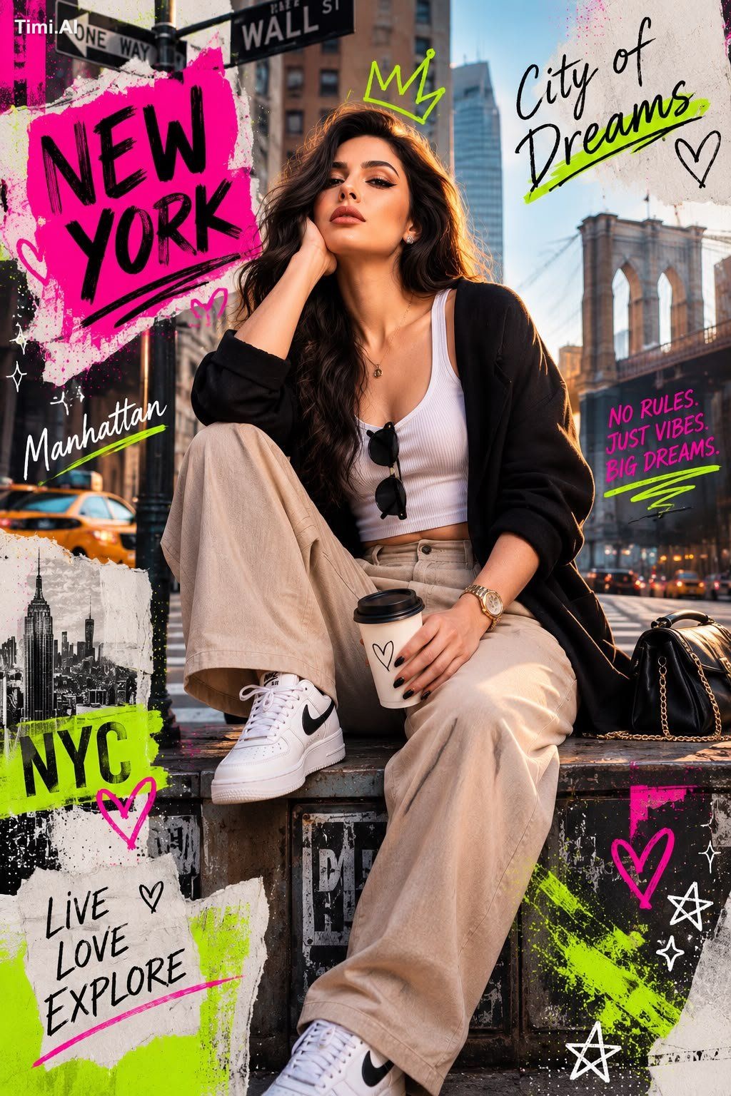 Photorealistic mixed media fashion collage of a cool young woman in a m…