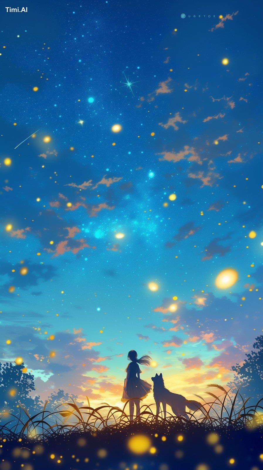 anime, night sky with stars and clouds, moon and wolf, glowing fireflie…