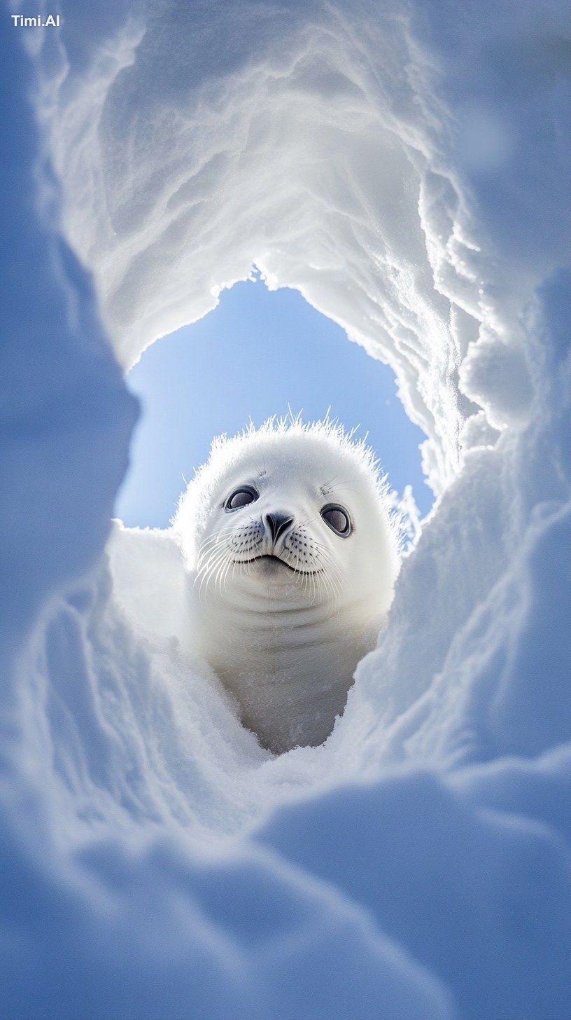 A young, white seal pup peeks out from a snow hole, surrounded by prist…