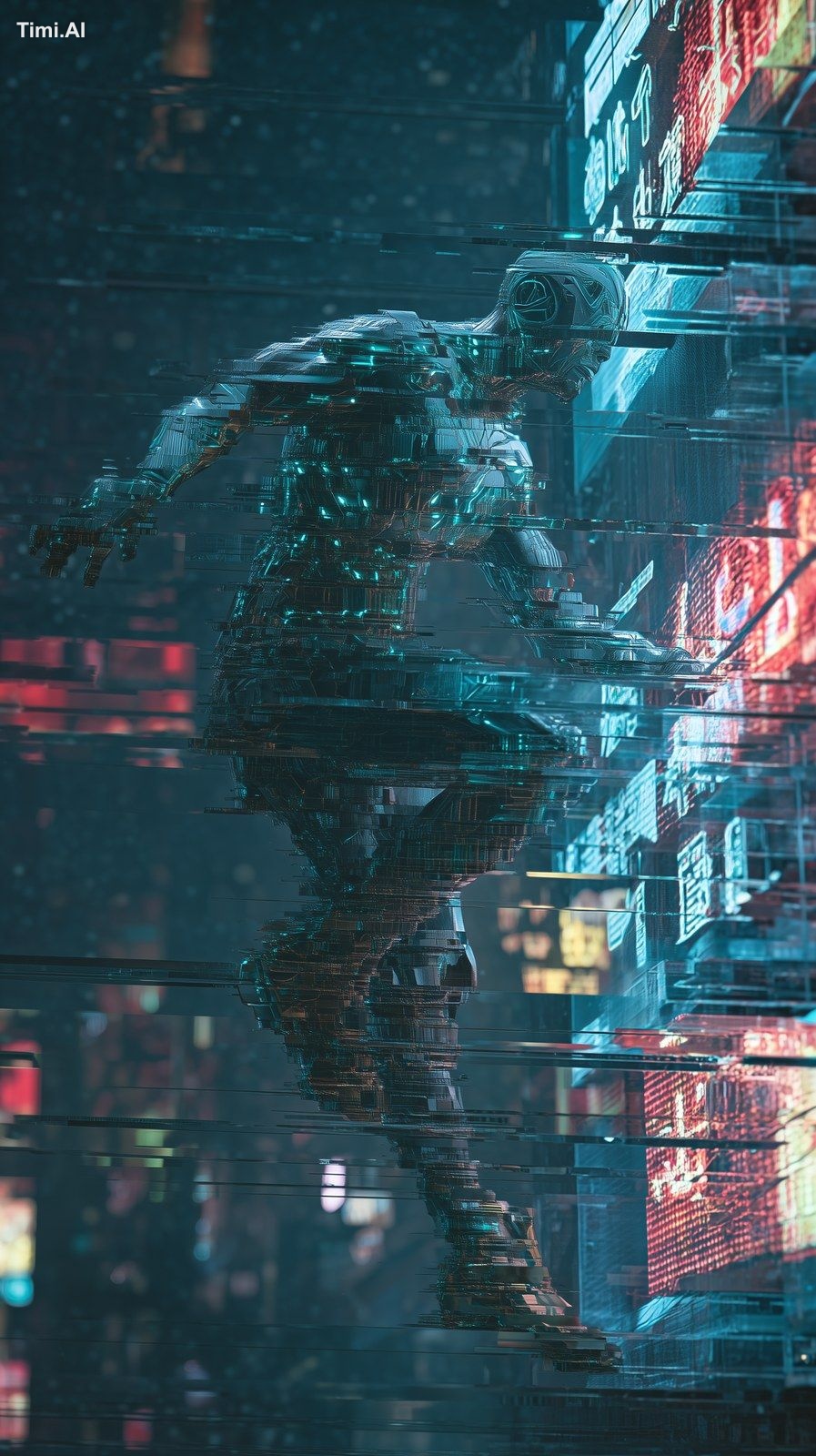 Cybernetic ninja phasing through a glitching digital wall, body partial…