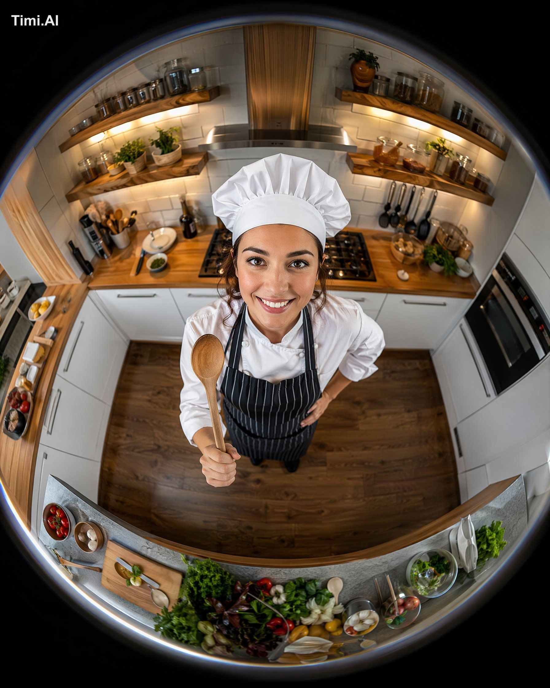 A bird’s-eye view fisheye lens photograph of a young female chef standi…
