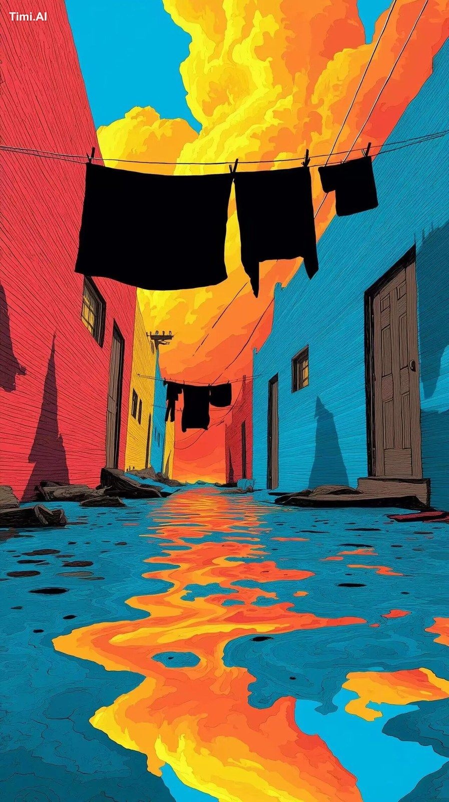 a surreal psychedelic 1960s illustration of a backyard with a black clo…