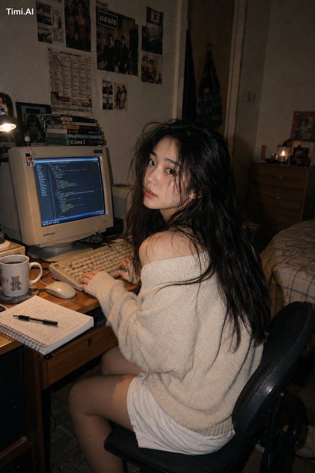 A photorealistic lifestyle portrait of a young East Asian woman seated … 1