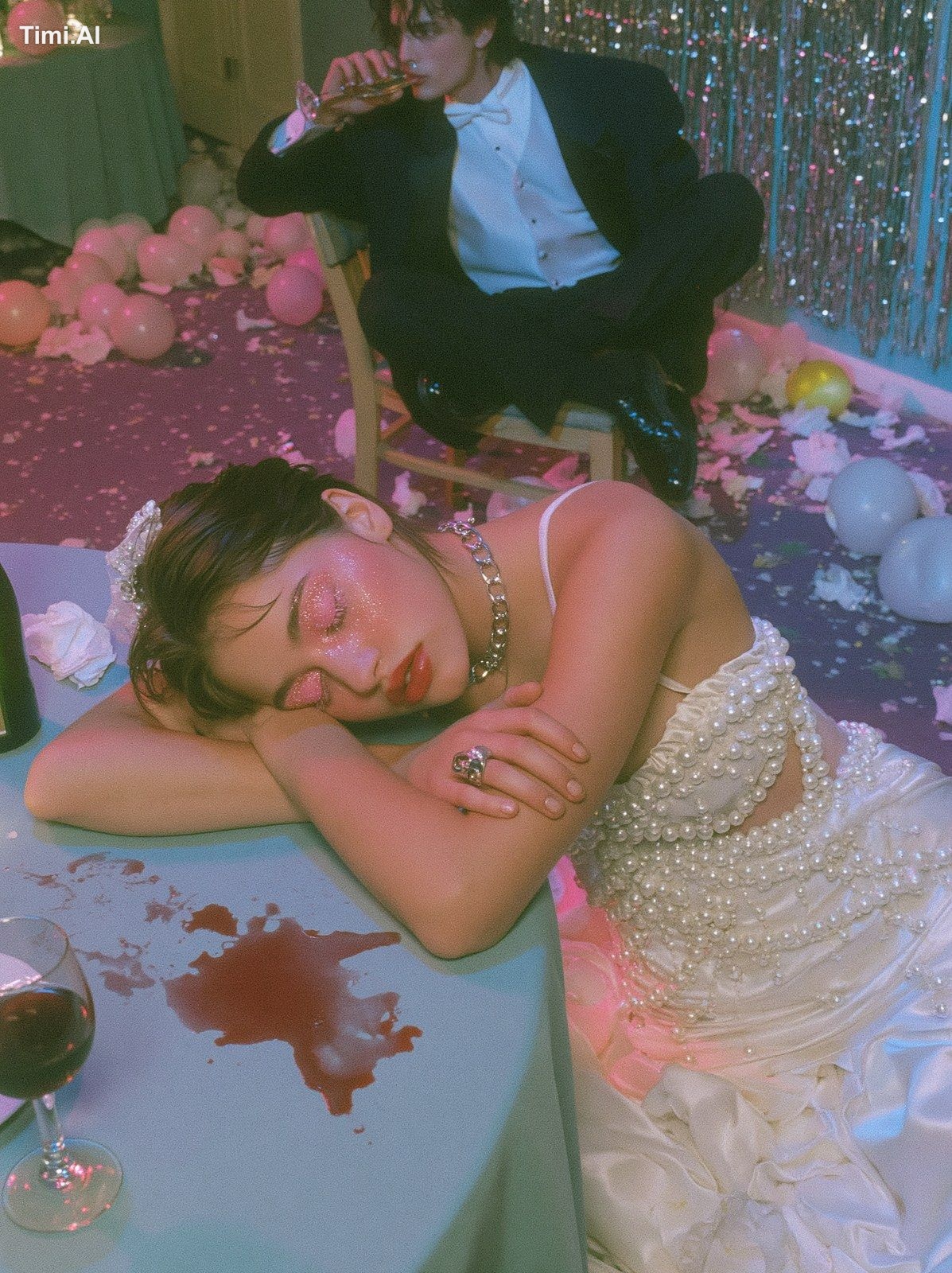 Candid snapshot of a young woman sleeping drunk, side profile resting o…