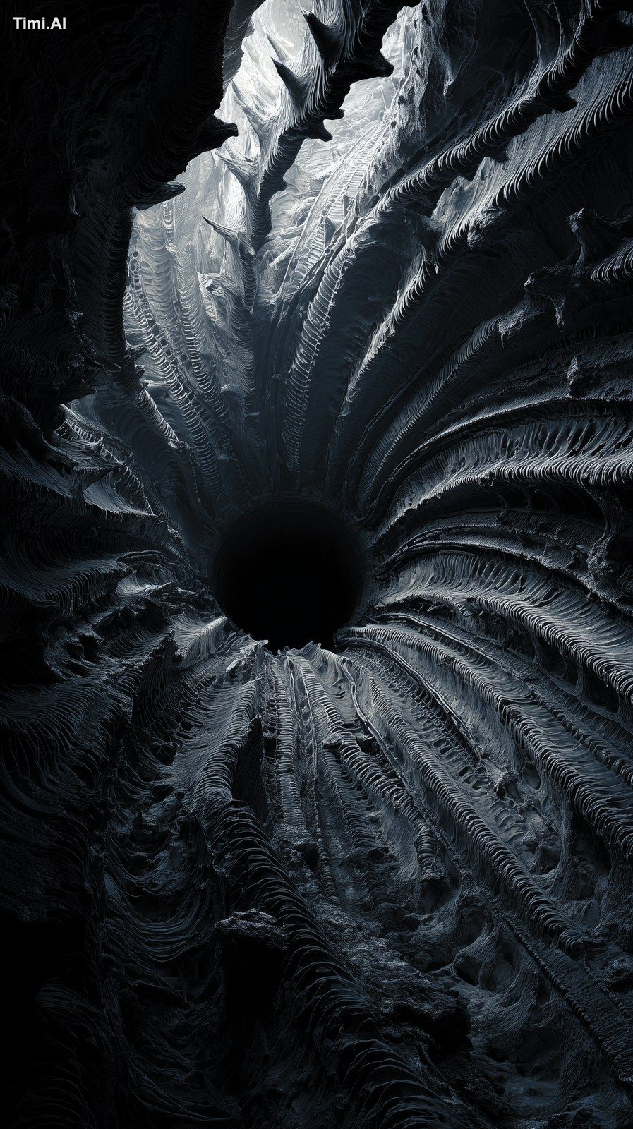 Ultra-realistic biomechanical tunnel forming out of black void, skeleta…