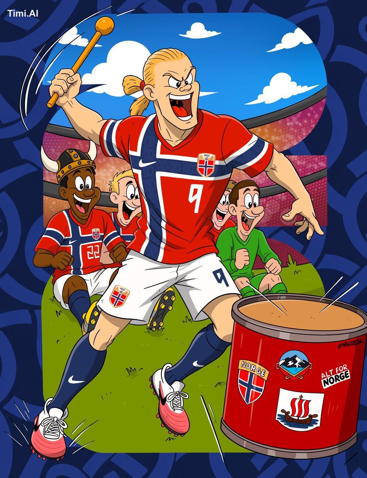 A bold, high-energy 2D cartoon sports illustration in a clean European …