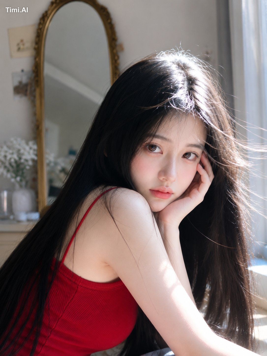 A beautiful young East Asian woman with long, straight, silky black hai… 1