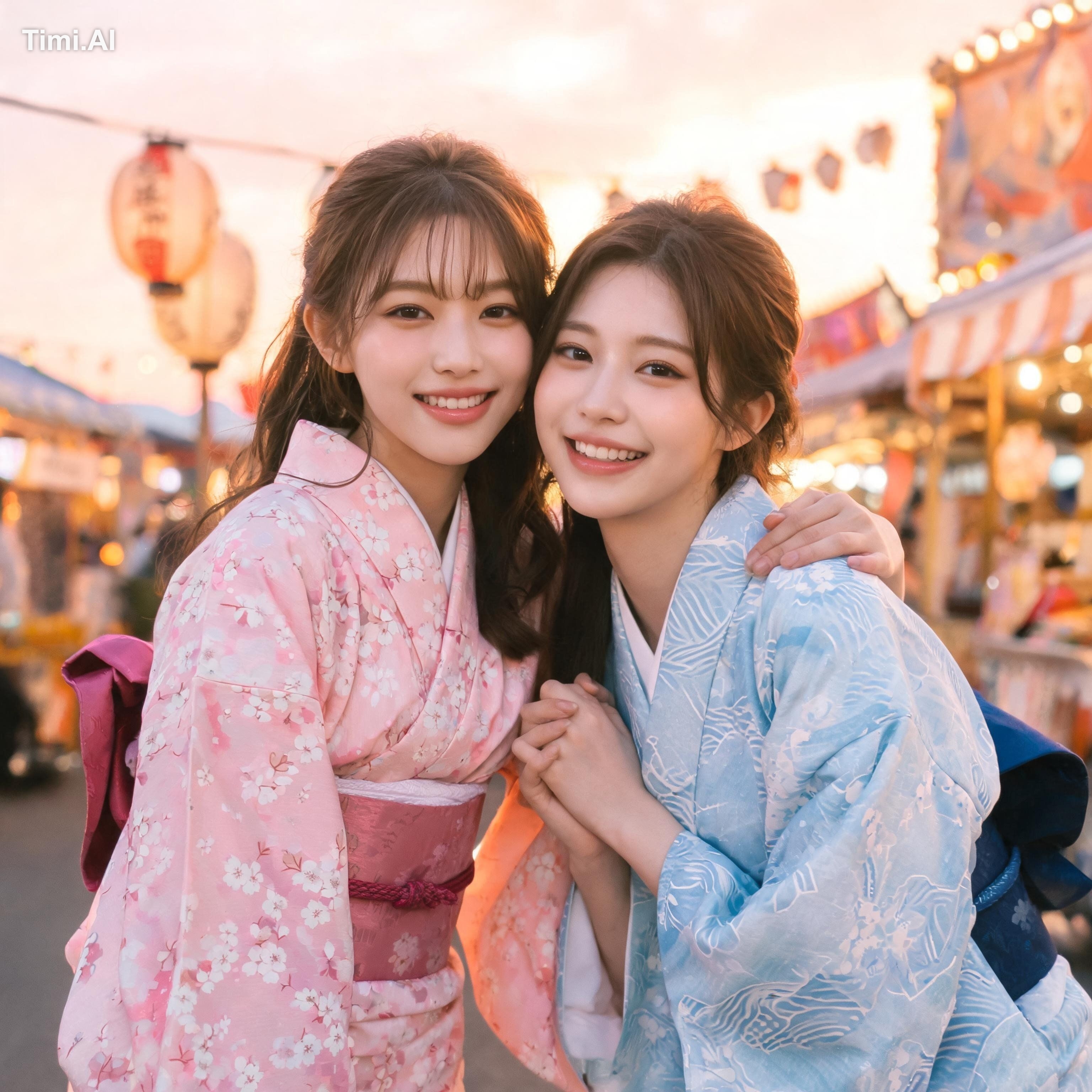 20歳の日本人女性、韓国メイク、韓国アイドルみたいな見た目、浴衣姿で二人組、仲良し二人、夏祭りでの写真、楽しそう、夕方の自然でやさしい光、高ク… 3