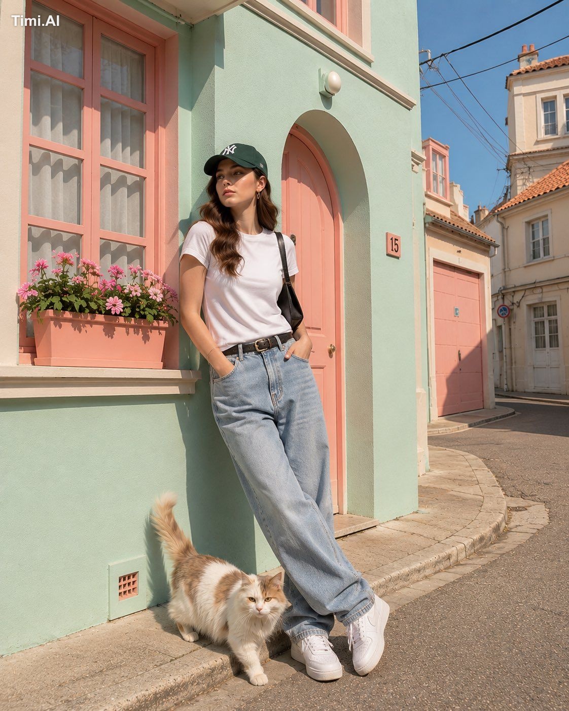 A playful pastel editorial street photograph of [HUMAN] wearing [CLOTHI…