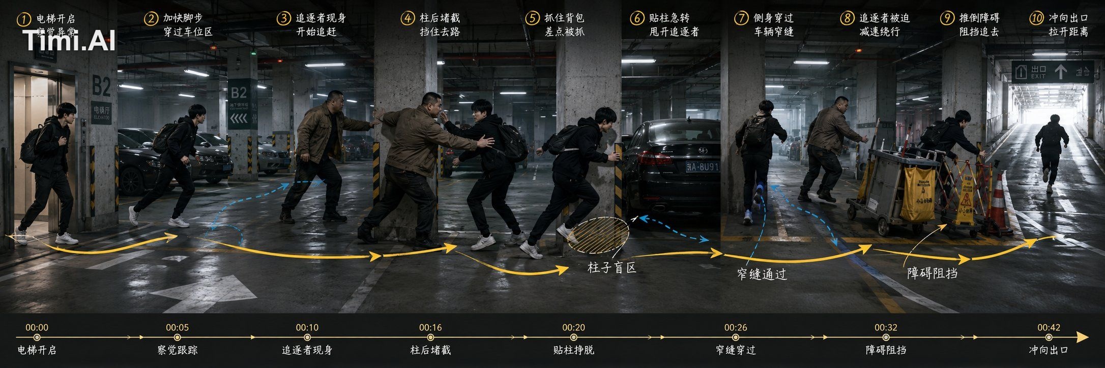 参考图仅用于场景调度、人物关系和动作节奏参考。最终视频中不要出现任何文字、箭头、圈线、时间线或手绘标记，画面必须是干净的电影镜头。 生成一段 …