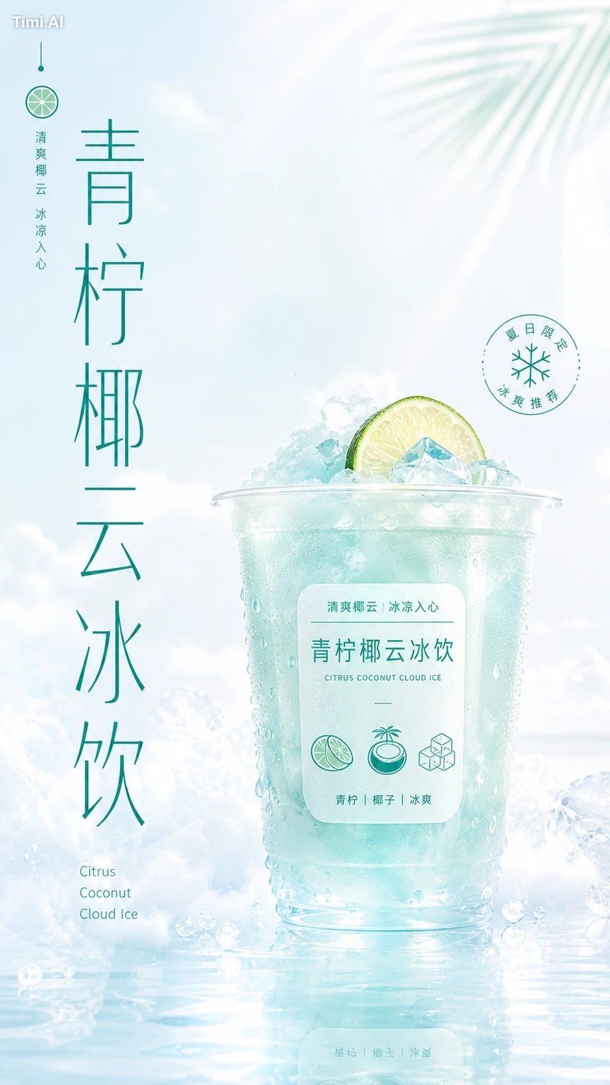 围绕具体饮料主题内容生成一张清透轻快的饮品视觉，核心画面由大面积高明度洁净空气场承托单杯产品，杯体位于视觉重心下方，像被柔软云雾、冰晶、水汽或…
