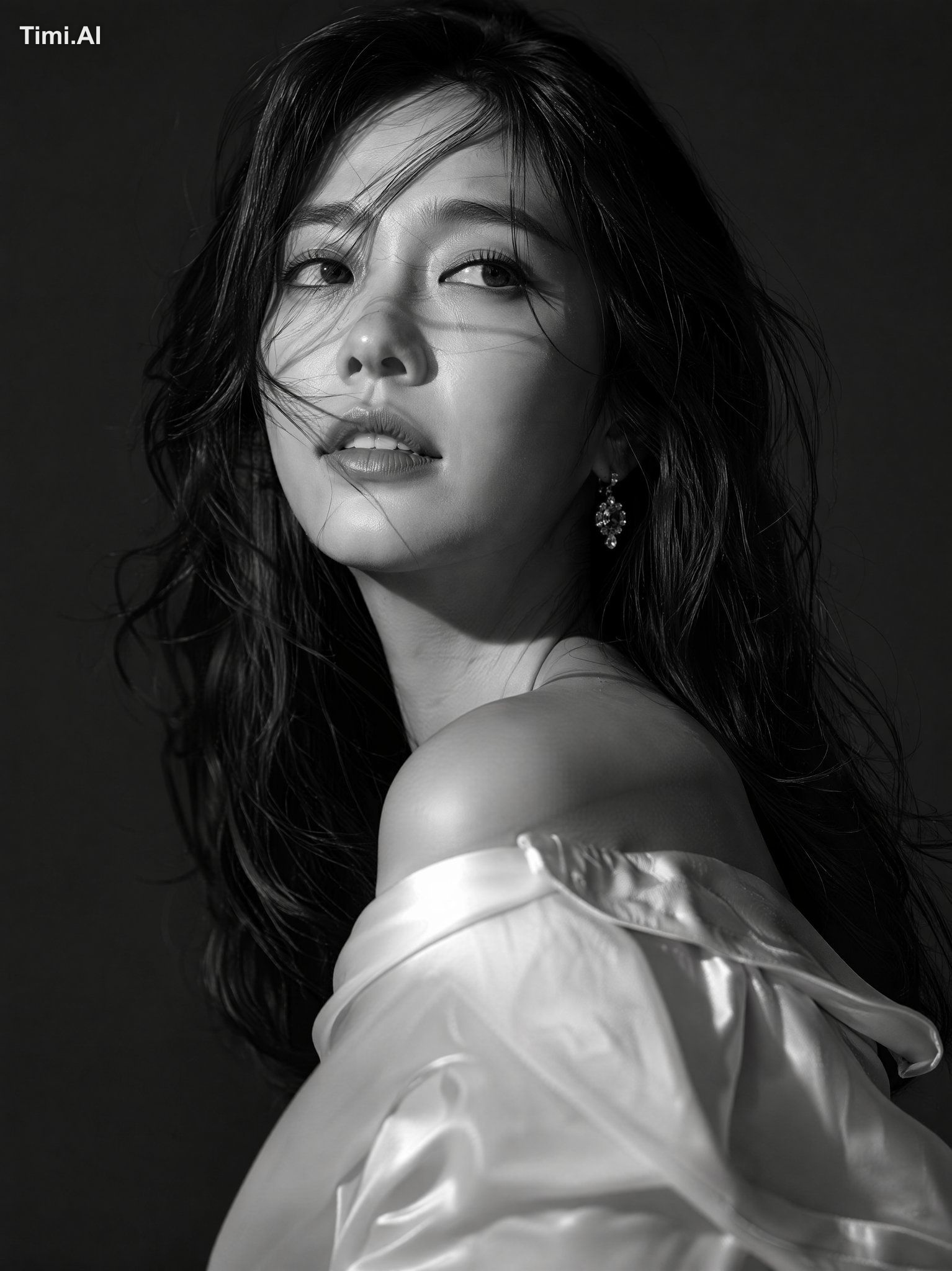 Ultra-realistic cinematic black-and-white Vogue editorial portrait of a…