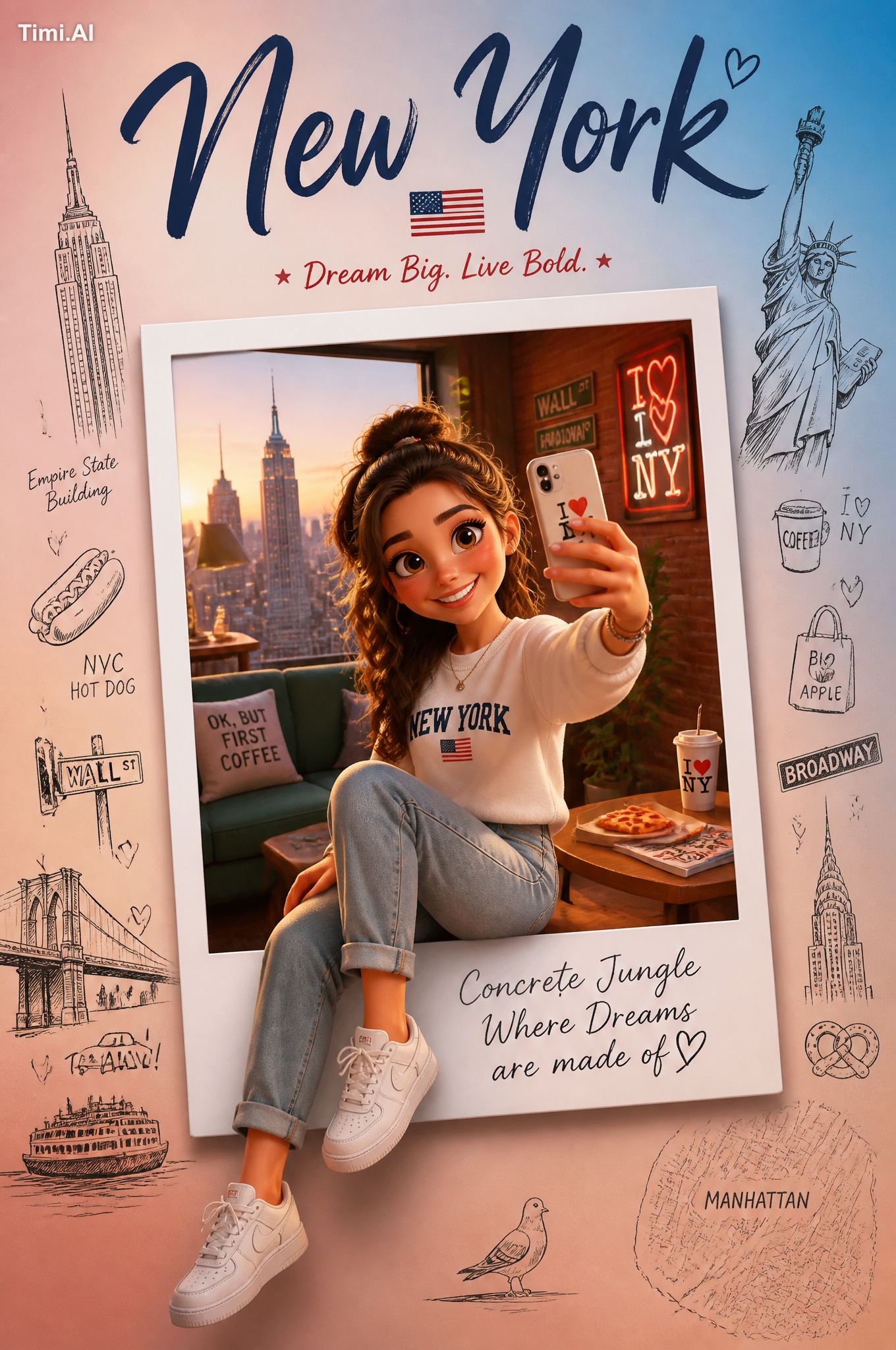 Create a premium collectible travel poster in a cute stylized 3D cartoo…