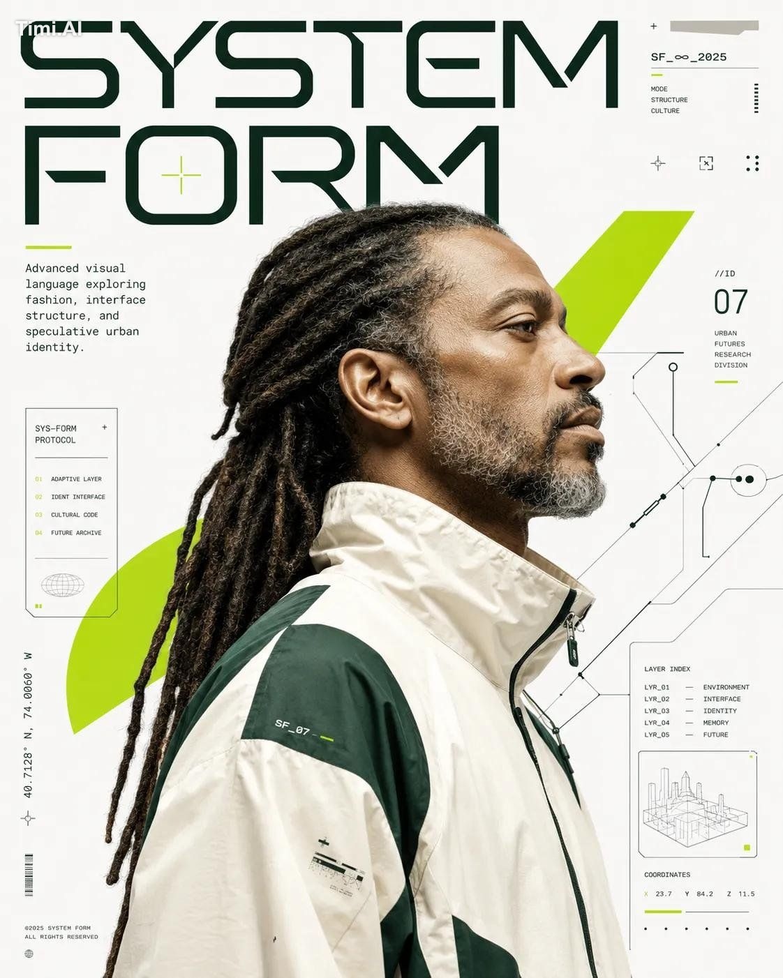 Conceptual futuristic editorial poster design featuring [HUMAN] in a la…