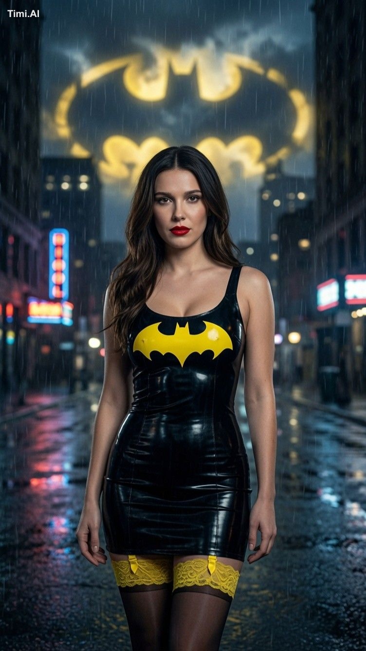 A woman with long dark hair stands in the center of a rainy city street…