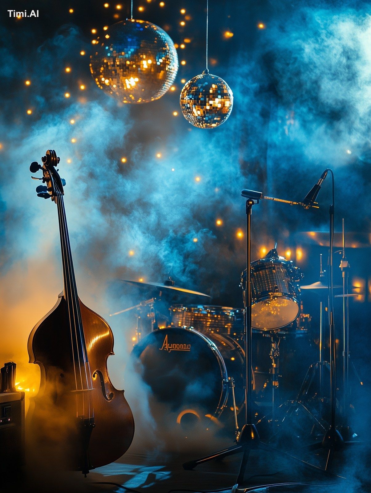 smoke, disco lights in blue and gold and musical instruments --ar 3:4 -…