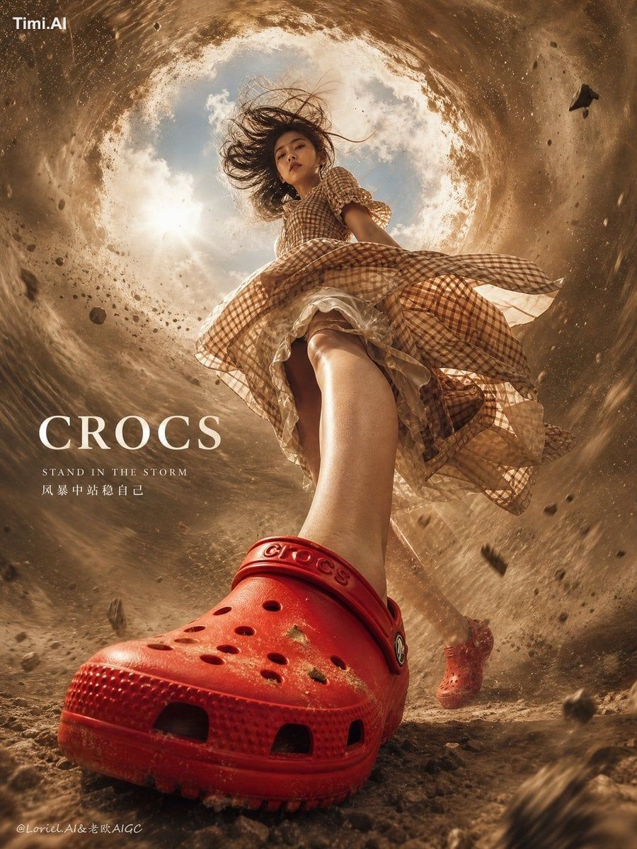 Create an ultra-premium cinematic advertising poster for Crocs beach cl…