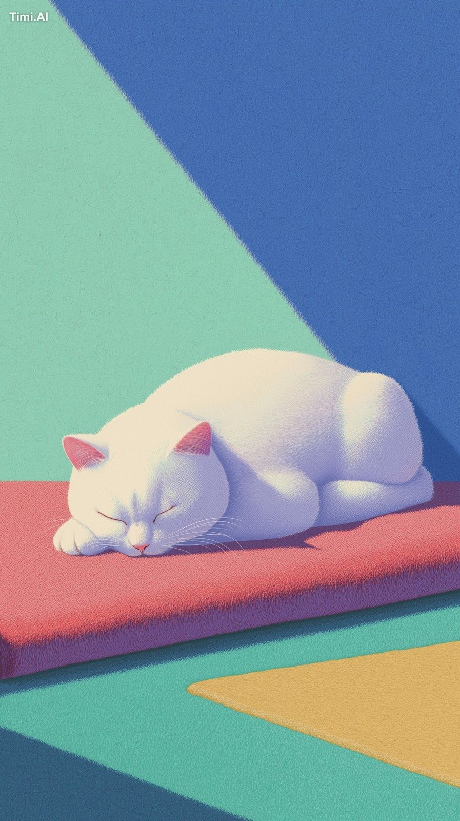 minimalist illustration of a white cat sleeping on a red blanket, with …