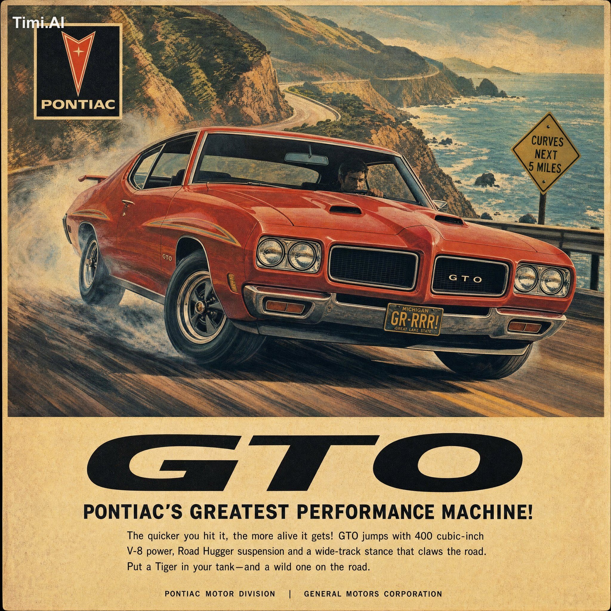 Vintage 1970s automotive magazine advertisement poster for [BRAND], fea… 1
