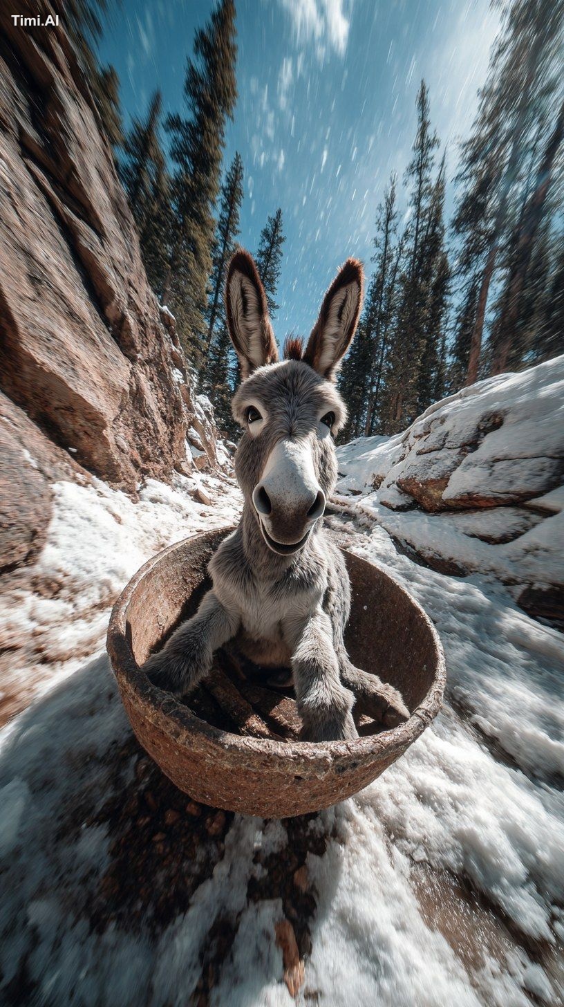 A donkey sitting in a wok is racing downhill from a snowy mountain betw…