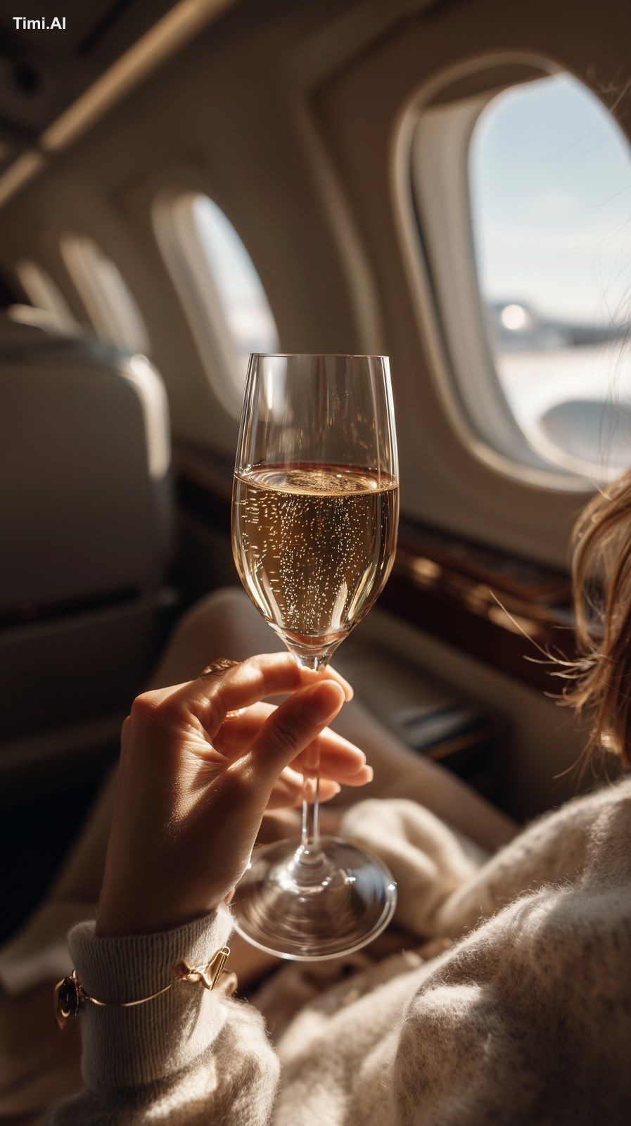 POV angle of woman holding a champaign glass in private jet. woman's ha…