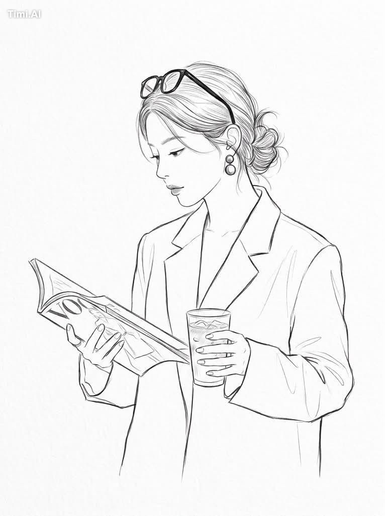 Minimalist black-and-white fashion pencil drawing of a woman shown in p… 1