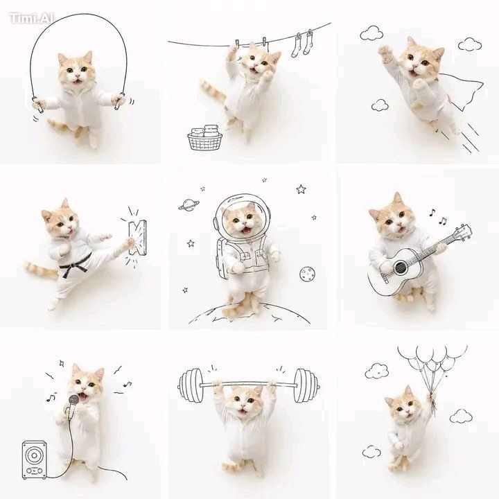 A cute 3×3 grid of a fluffy orange-and-white kitten in a white jumpsuit…