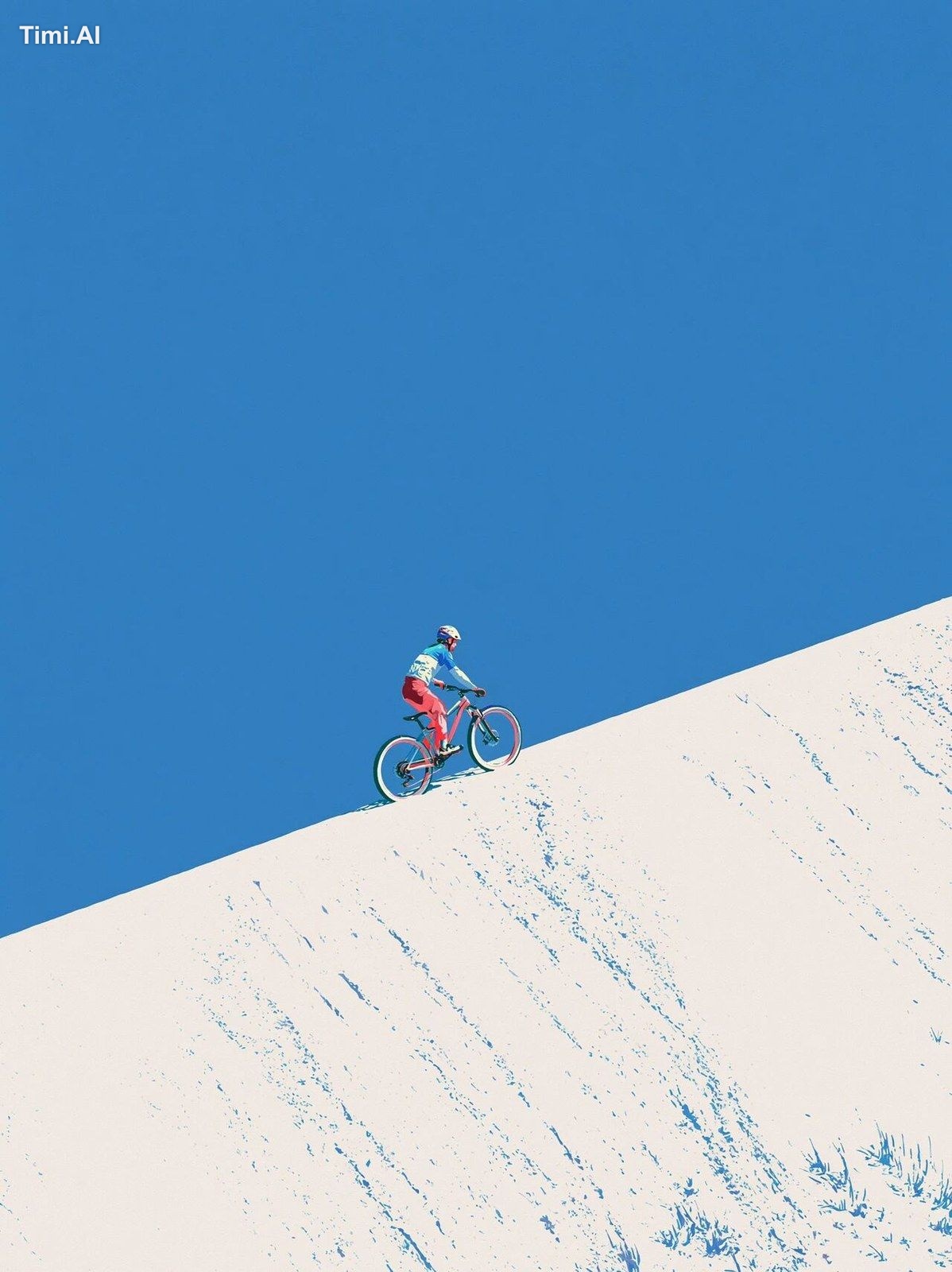 one cyclists riding up the white sand dune, minimalist composition, blu…