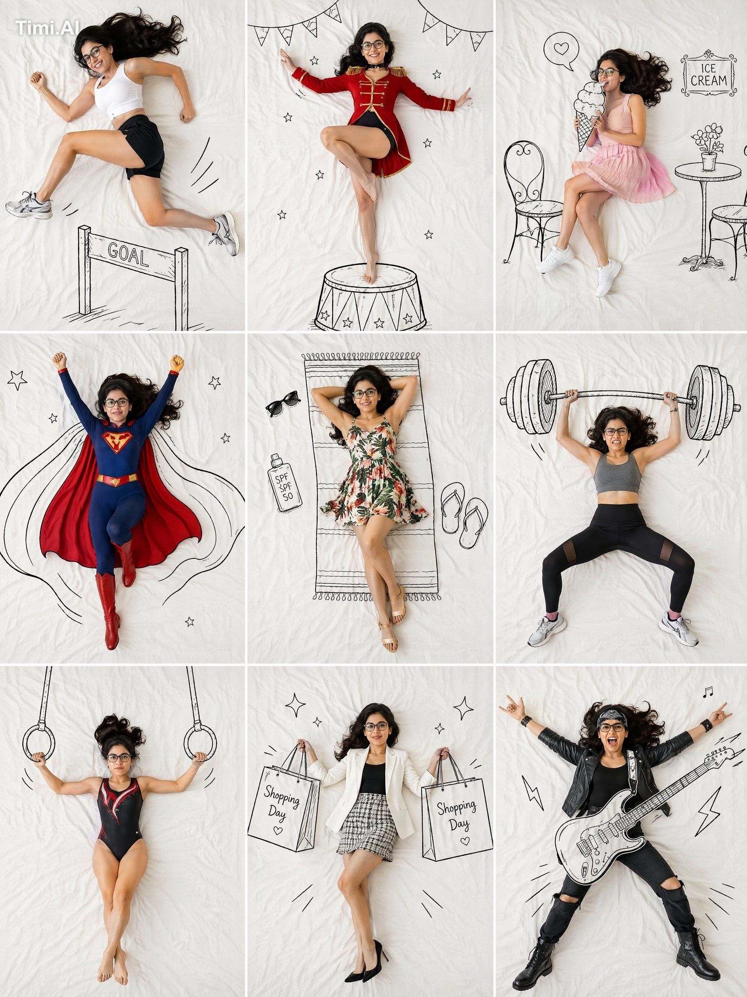 A professional 3x3 collage featuring the same beautiful young woman pho…