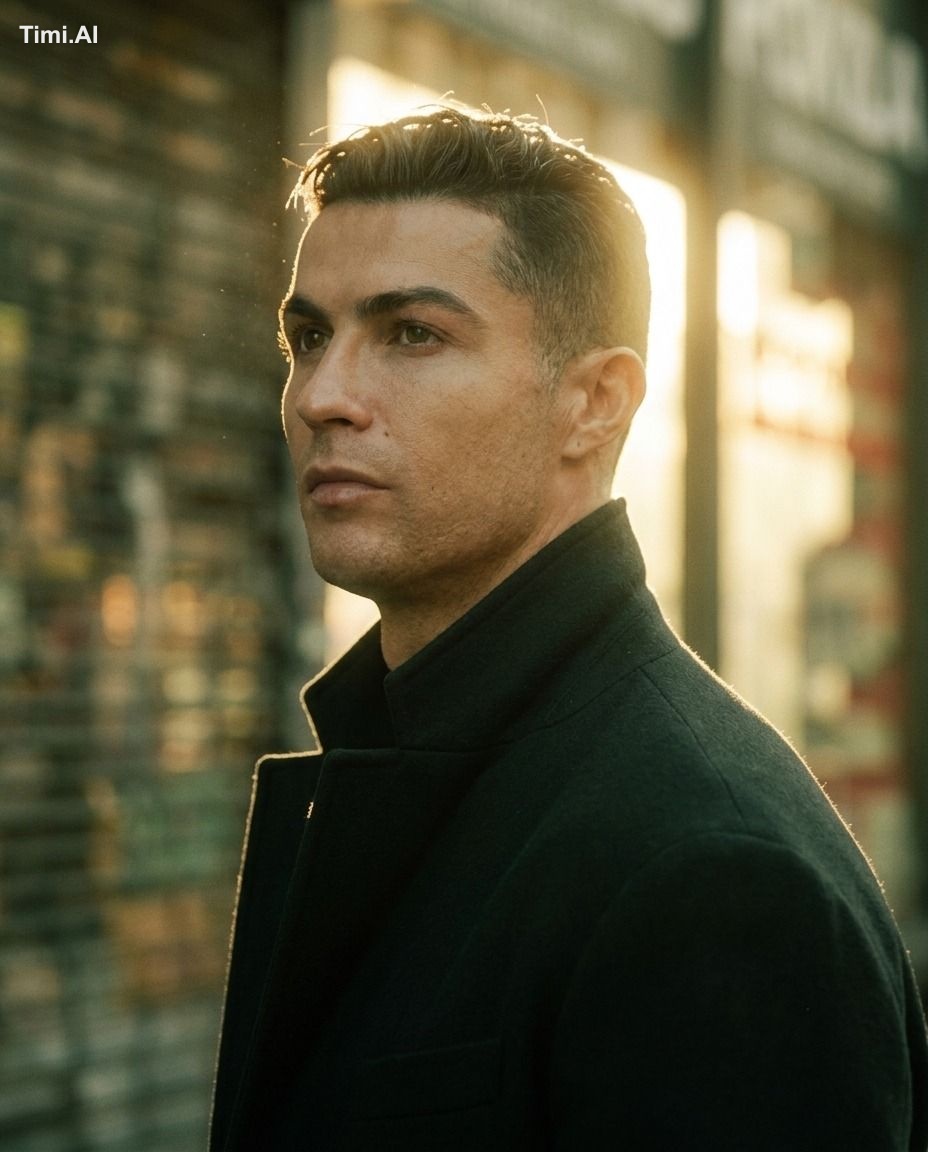 Ultra-cinematic editorial portrait of a world-famous football superstar…