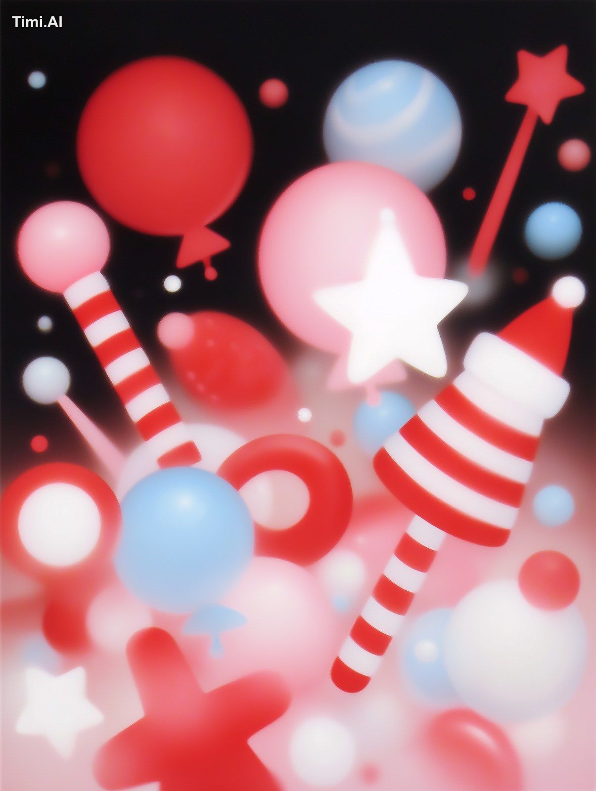 Zero-gravity space, unevenly floating objects, magic wands, Christmas t…