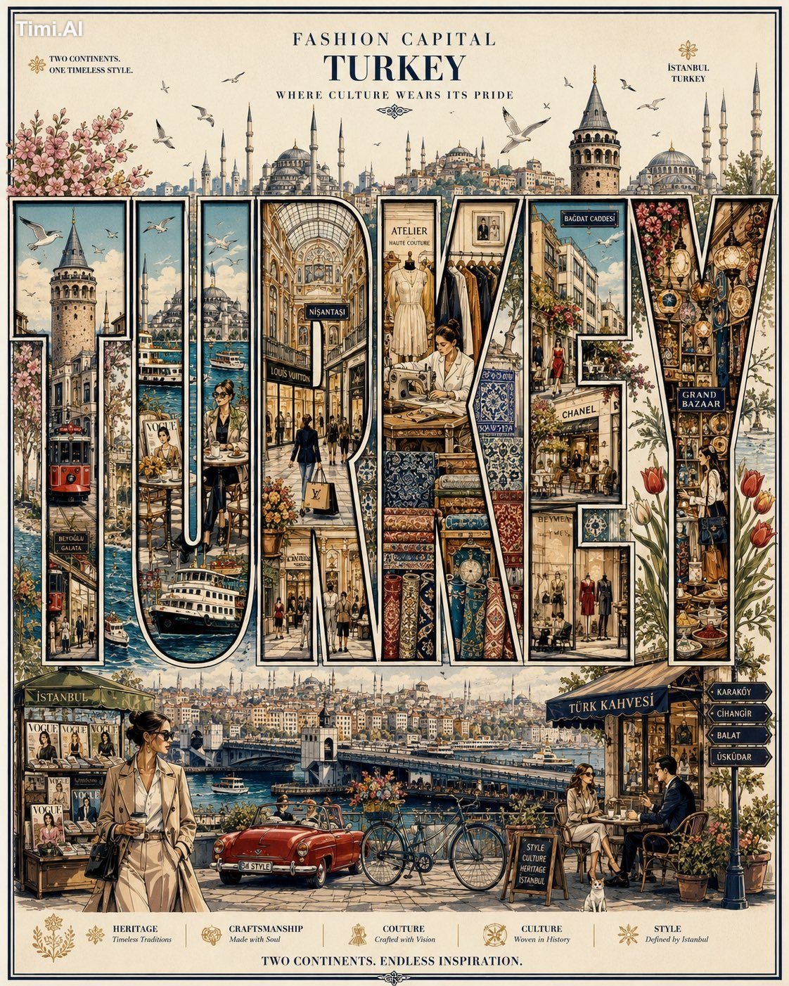 Create a highly detailed luxury editorial travel poster inspired by Vog…