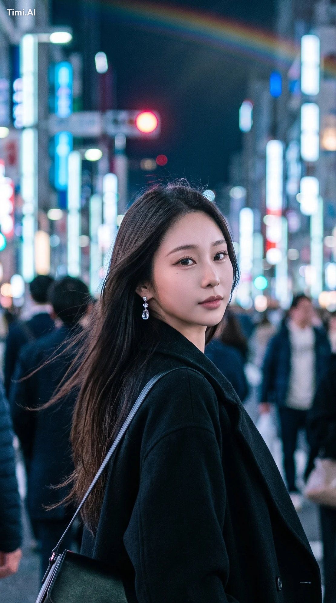 A breathtaking 22-year-old East Asian woman walking alone through a vib… 1