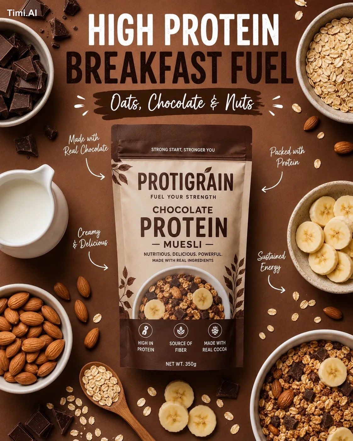 (Chocolate Protein Muesli Ad) Premium protein breakfast food advertisem… 2