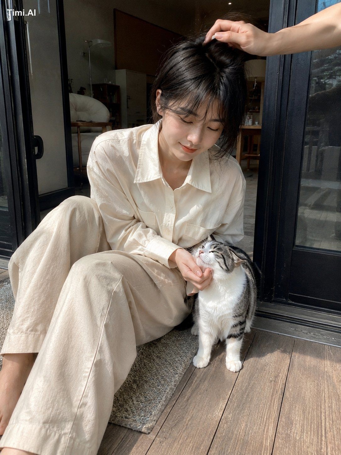 A candid mobile photo of a young East Asian woman sitting at the doorwa… 1