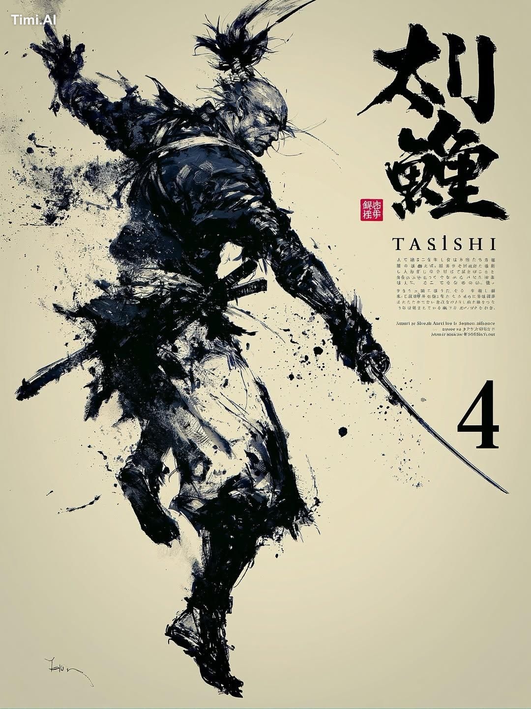 Japanese sumi-e ink wash painting style, traditional samurai warrior in…