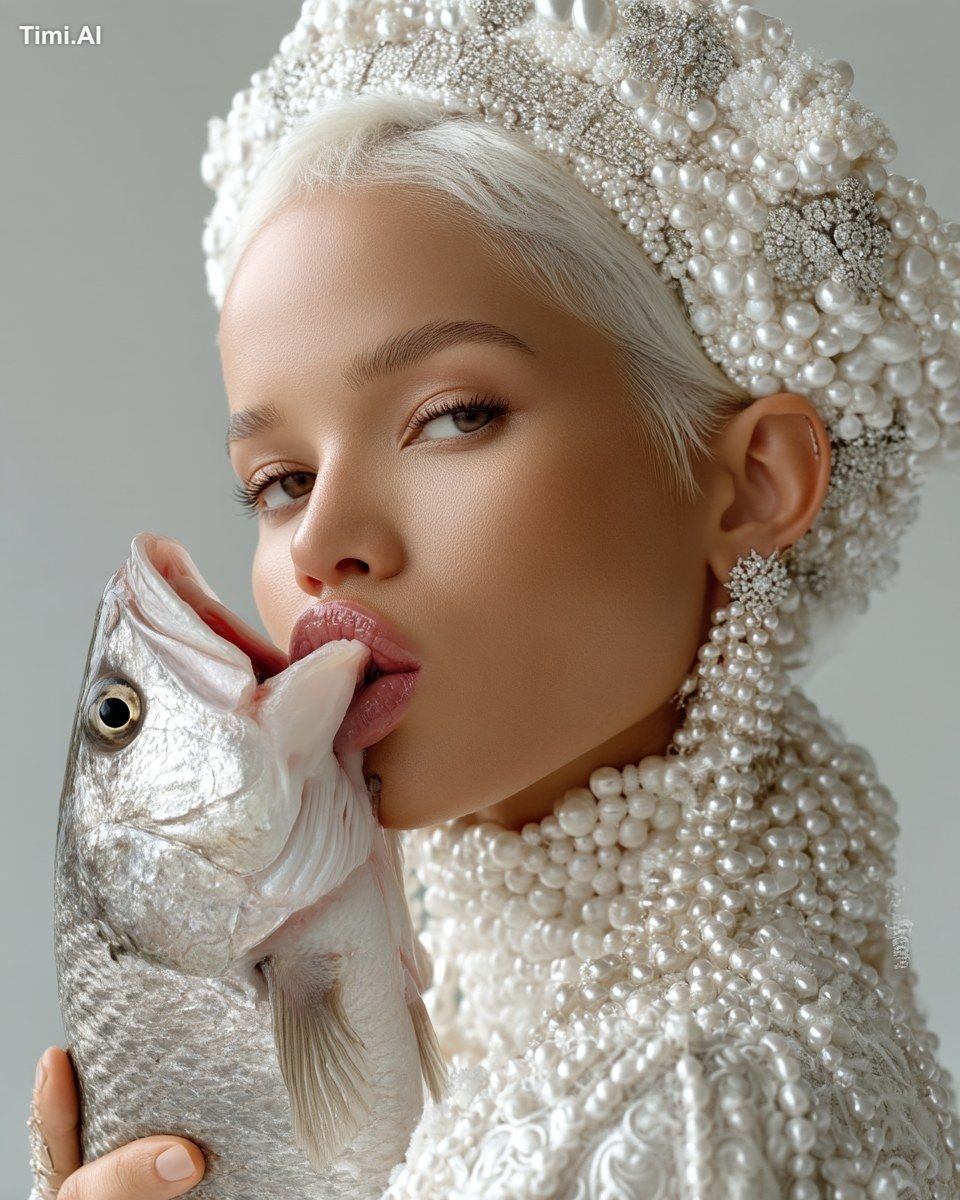 A beautiful model with short white hair, wearing a pearl dress and silv…