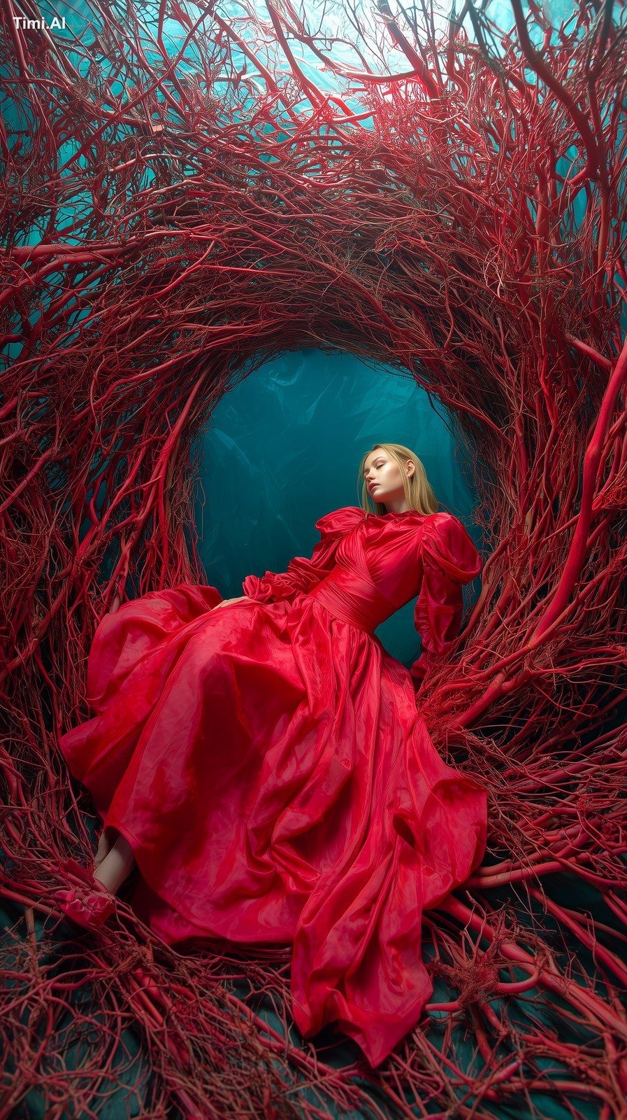 A dramatic high-fashion editorial photograph of a woman in an elaborate…