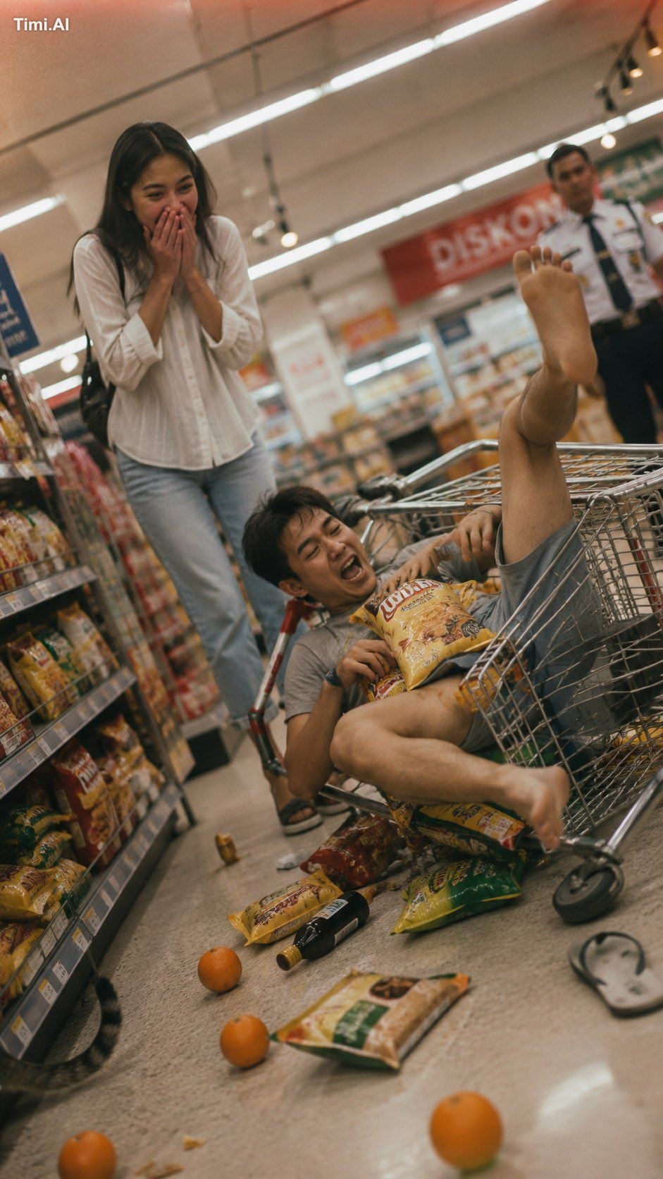 Shot on 35mm film, Kodak Portra 400, soft fluorescent supermarket light…