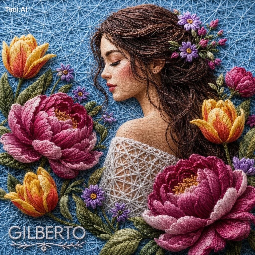 Create a luxurious 3D stumpwork and seed-bead embroidery portrait of a … 3