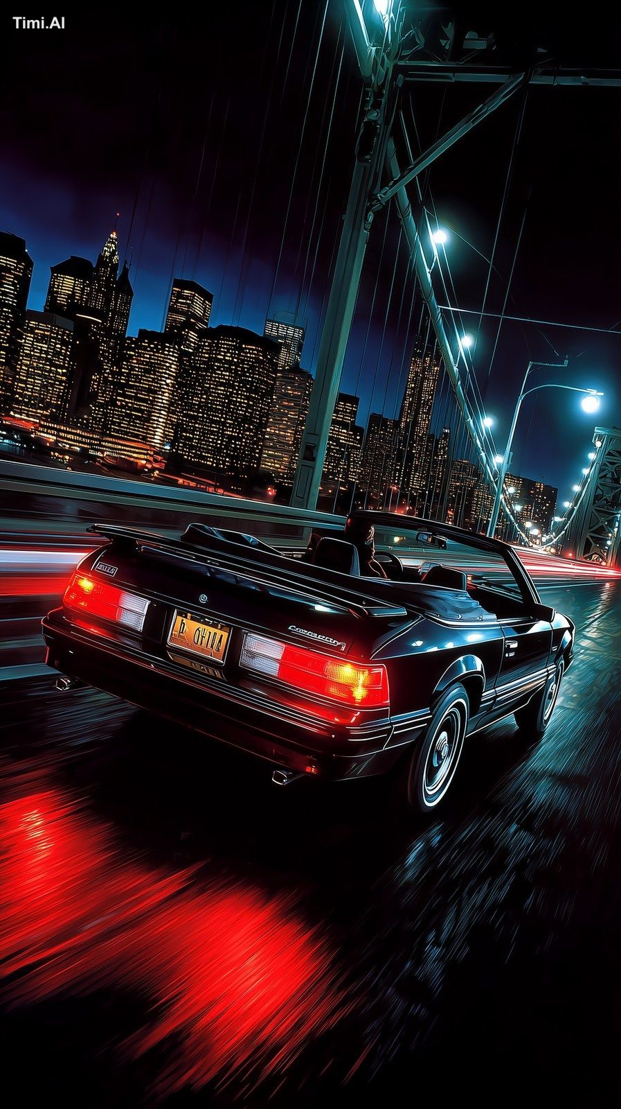 A black convertible car, driving on the New York City Bridge at night w…