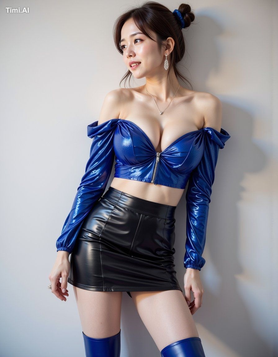 total coordinate: bright blue sequin off-shoulder crop top, black paten… 1