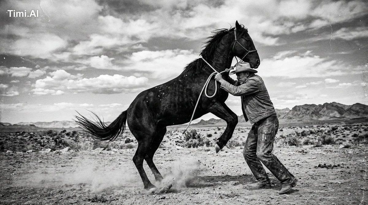 A powerful black and white documentary style photograph of a cowboy str…