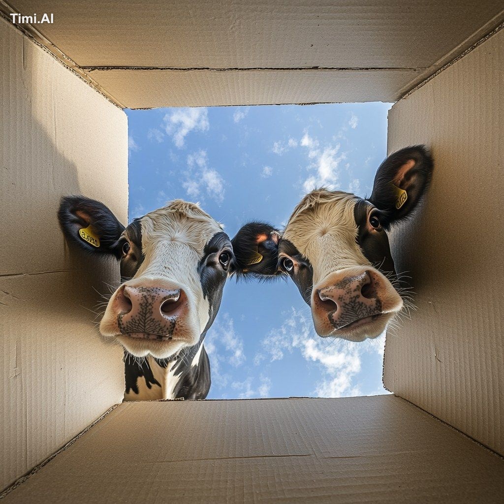 2 cows peeking through an empty cardboard box, top angle view with sky,…