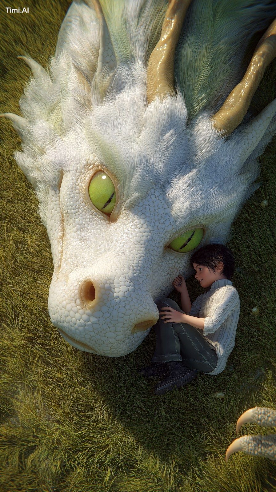 A large white juvenile Chinese dragon, with vertical yellow-green pupil…