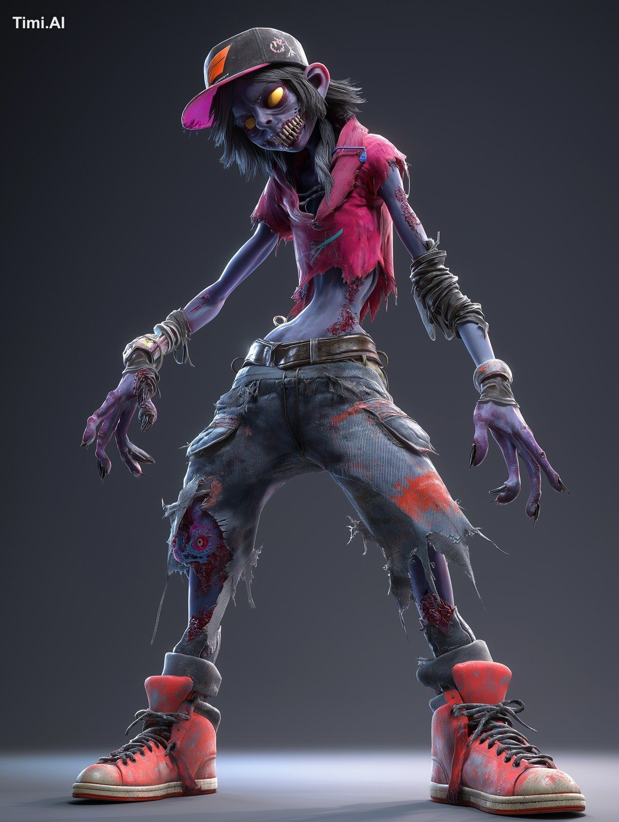 3d model of a brunette teenage zombie female in dirty and torn hip hop …