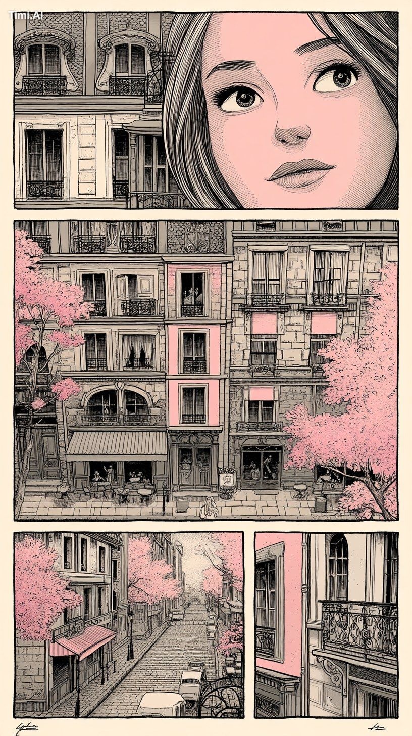 spring paris cafe illustration, tri-panel, in the style of pale pink an…