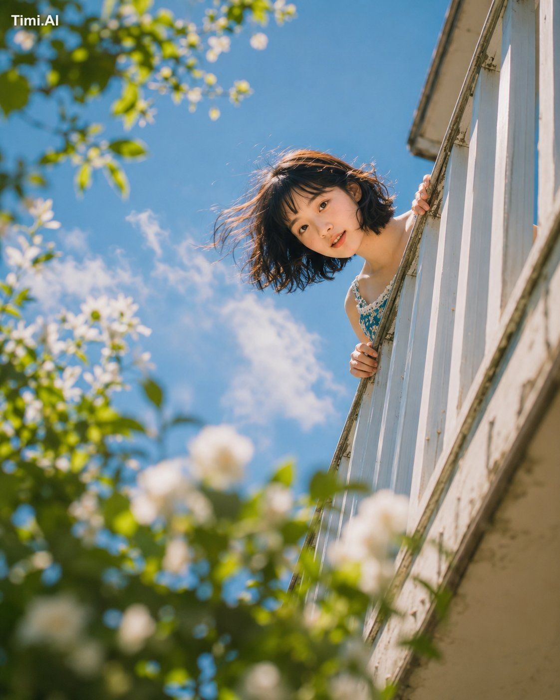 Close-up shot from low angle, young woman's face peeking over white bal… 1