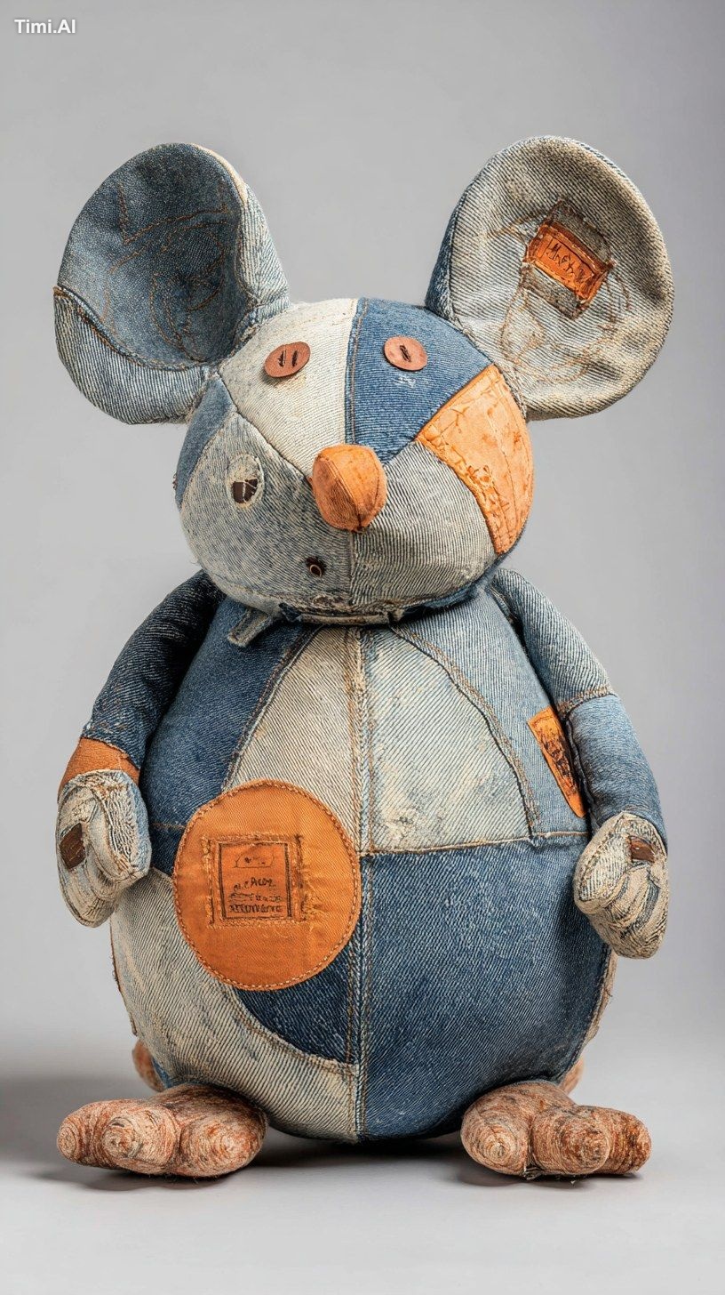 Whimsical mouse-shaped plush, chubby body,Embarrassed expression ,hand-…